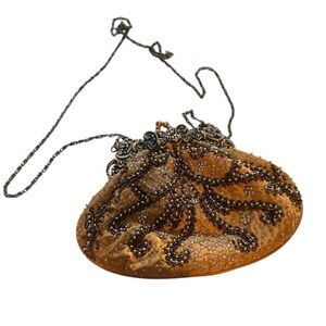 NWT Carlo Fellini vintage gold (mustard) beaded satin clutch with gold chain